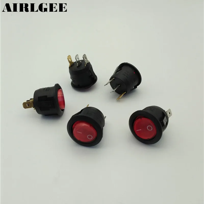 5 x Red Light Illuminated 3 Pin 2 Positions ON-OFF SPST Round Rocker Switch 6A/250V 10A/125V