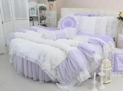 ROUND BED Purple Dreaming Bedding 4Pcs sets Luxury velvet coral fleece Round Bed Rose Duvet cover girls Wedding Bedding kit KING