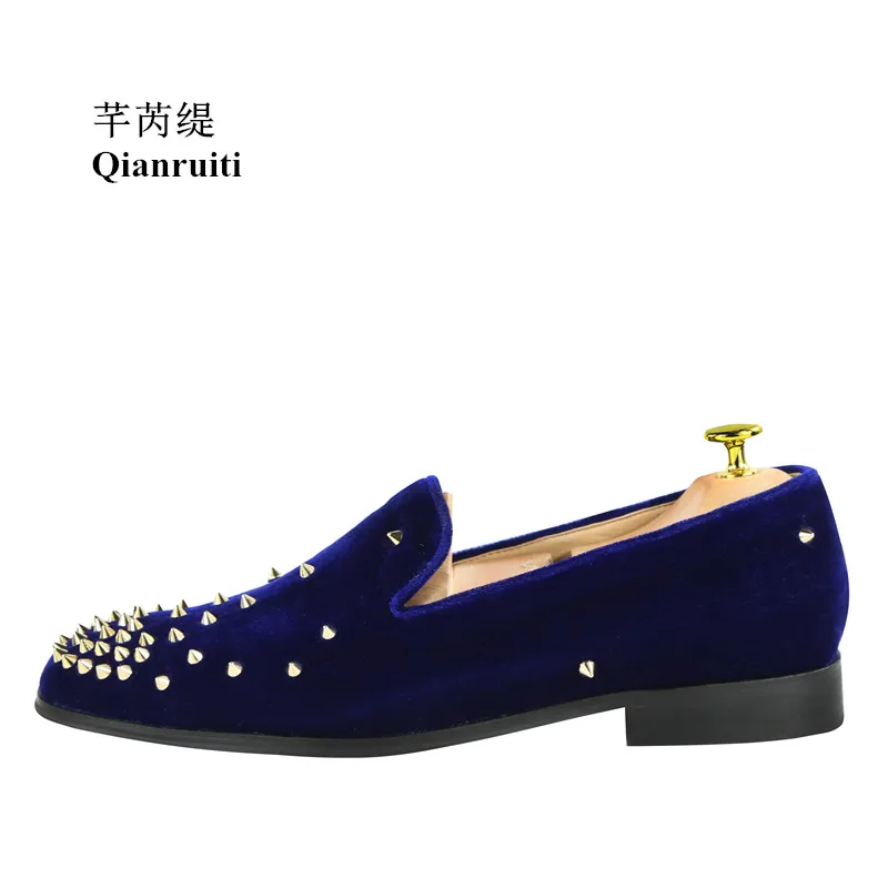 Leisure Men Velvet Shoes Gold Rivet Embellished Flats Navy Blue Slip-on Loafers Luxury Handmade Casual Shoes EU39-EU46