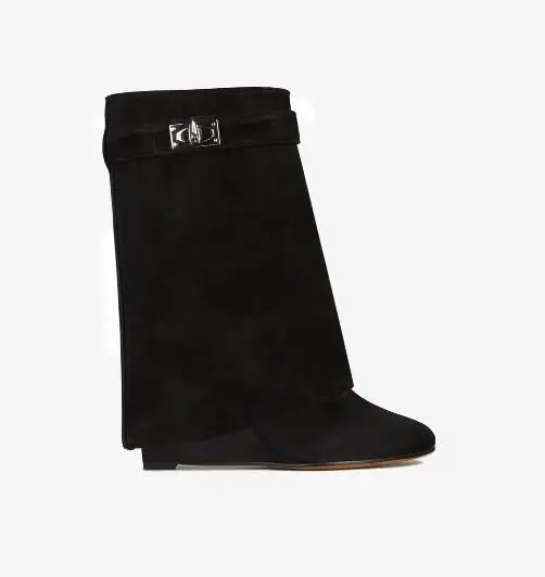 Beige Suede Shark Lock Boots Pointed Toe Height Increasing Women's Ankle Winter Runway Boots Size 10 Sexy Woman Ankle Boots