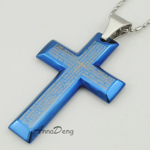 CHIMDOU Stainless Steel Blue Cross Pendant Necklace Bible Scripture Men Jewelry Cool Gift Rock Style