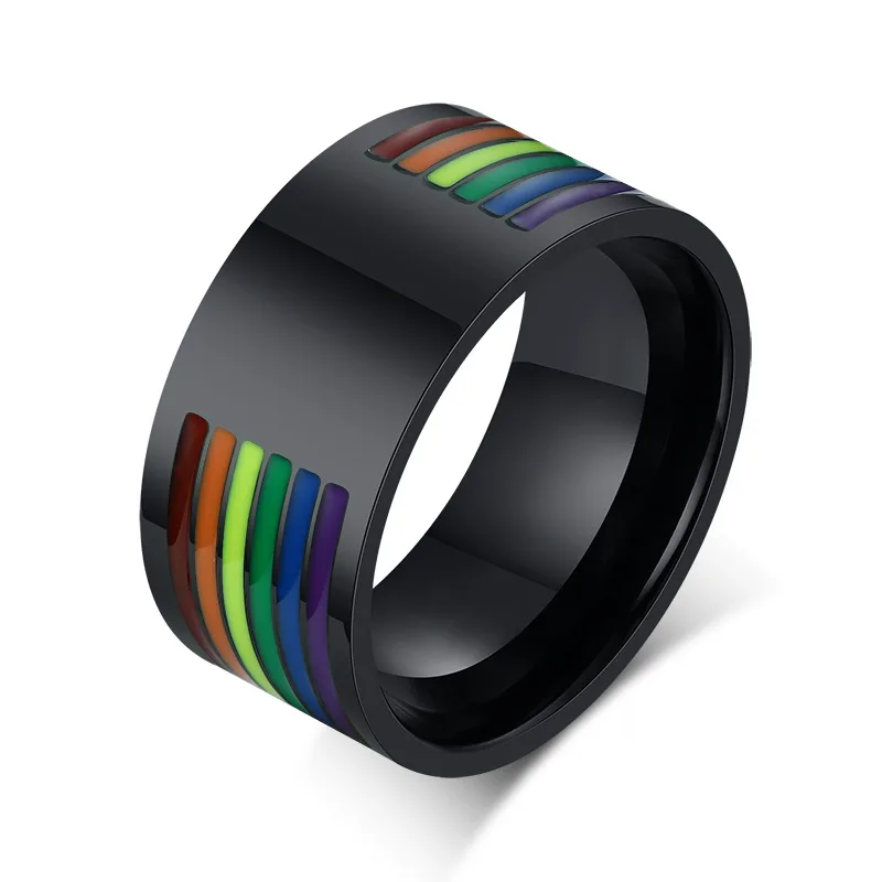 Enamel Rainbow Ring for Men Simple Stainless Steel Rings Wedding Ring Wide Gay Pride Jewelry 10mm