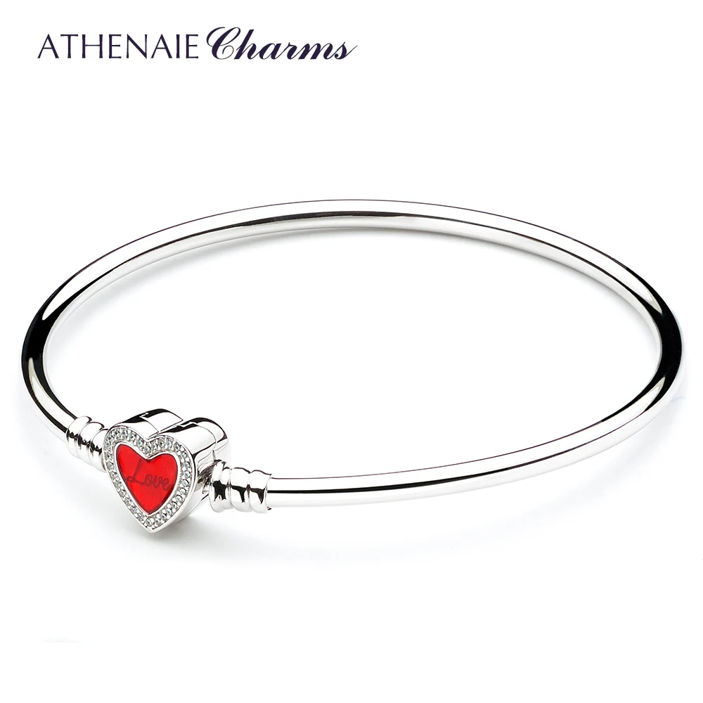 

ATHENAIE 925 Sterling Silver Basic Charm Bracelet Bangle Pave Clear CZ Heart-Shaped Enamel Snap Clasp Fit Women Charms Valentine