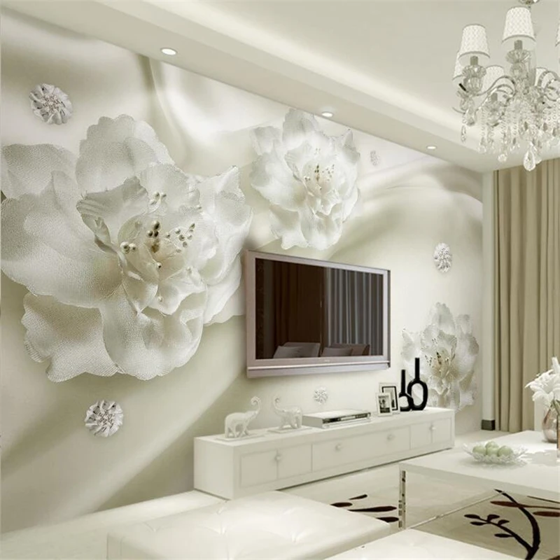 

Custom relief oil painting material mural silk white flowers European style 3D stereo TV bedroom background wall wallpaper