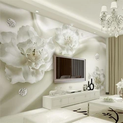 Custom relief oil painting material mural silk white flowers European style 3D stereo TV bedroom background wall wallpaper
