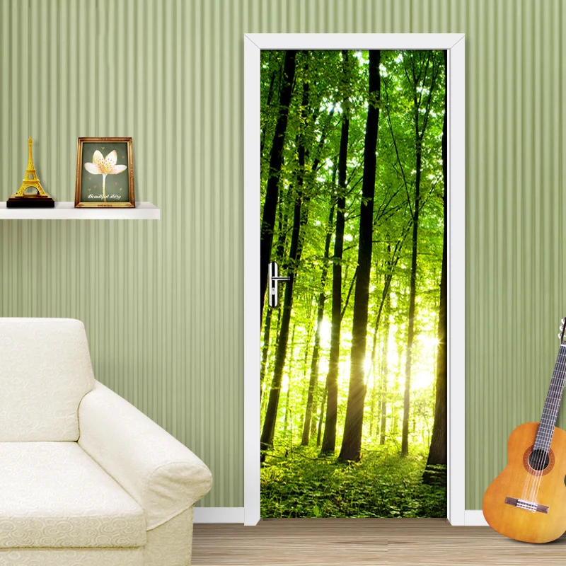 

3D наклейка на дверь, самоклеящаяся настенная роспись из ПВХ, водонепроницаемые обои с изображением зеленого леса, украшение для двери гостиной, спальни