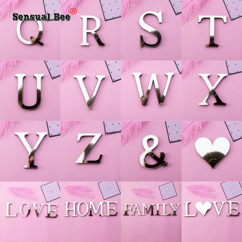 3D Gold English Letters Acrylic Mirror Surface Wall Sticker Party Door Room Decoration Alphabet Peel & Stick DIY Art Mural
