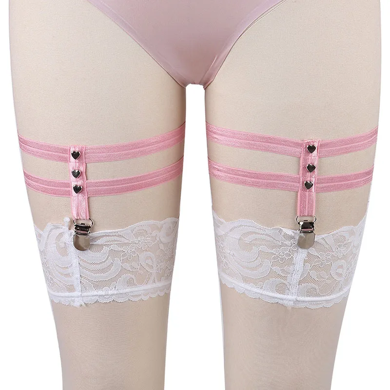 Sexy Harajuku Lolita Pastel Pink Body Harness Real Row Rivets Heart wedding Leg Garter Belt Thigh Harness Suspender Stocking