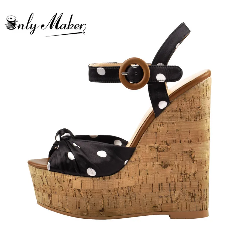 Onlymaker mulheres polka dot plataforma cunhas sandálias peep toe sapatos fivela cinta bombas para o verão sandálias tamanhos grandes