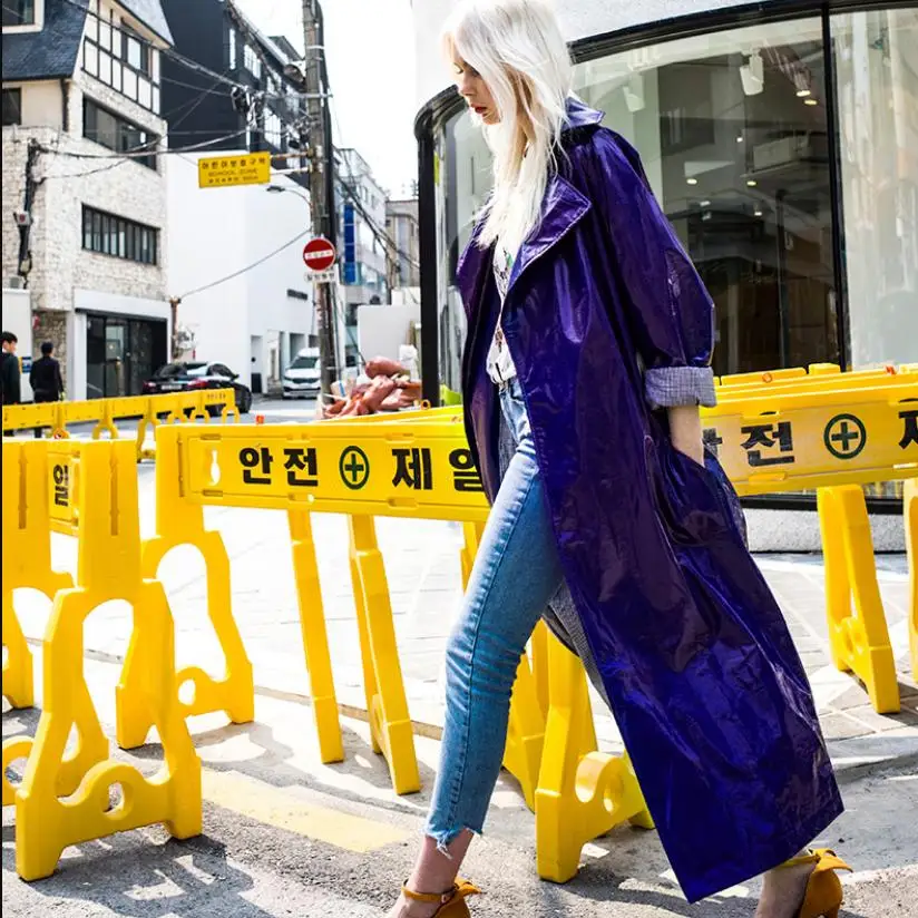 Fashion Glossy PU Windbreaker Leather Jacket Female Long Coat shiny Patent Leather Oversized Purple Pu Leather Outwear L1124