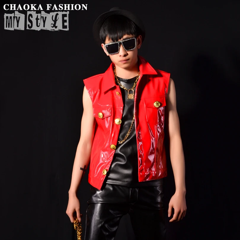 2021 New Korean Fashion Slim Red Paint Leather Vest Style Dance Ds Stage Club Bar Singer Performance Apparel Singer Costumes