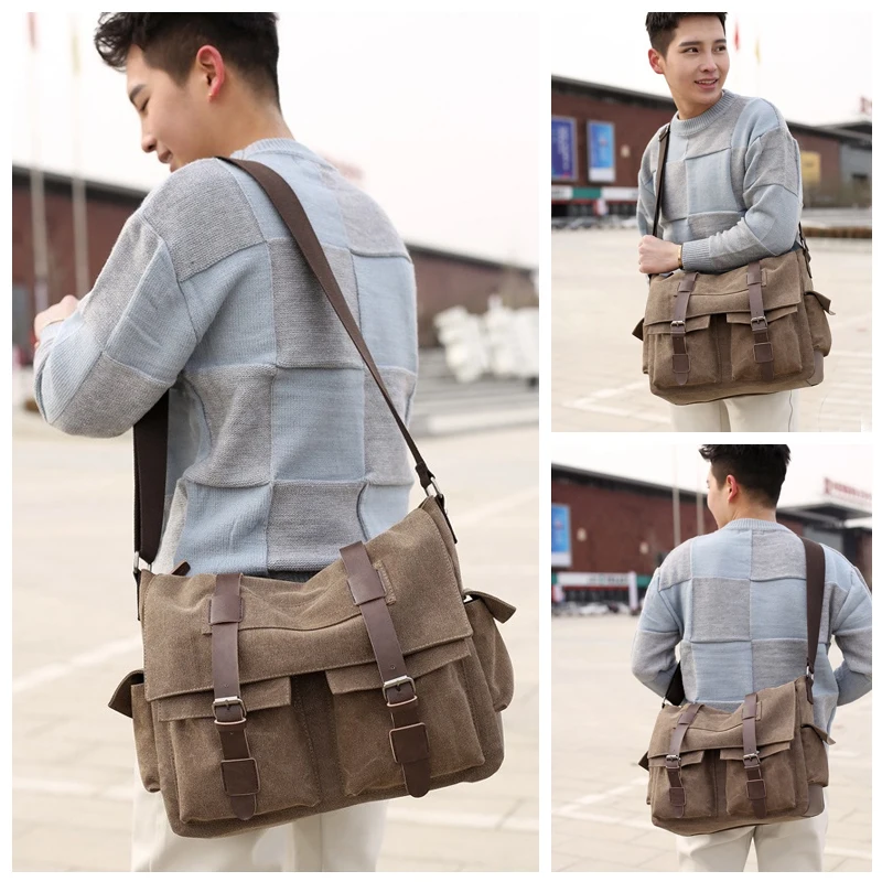 Scione Men Business Messenger Bags For Men Shoulder Bag Canvas Crossbody Pack Retro Casual Office Travel Bag Vintage Retro Bags