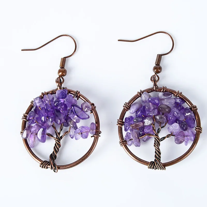 Antique Copper Wire Natural Stone Tree of Life Wisdom Hook Earrings Pink Quartz Round Earring For Women Girls Fashion Jewelry