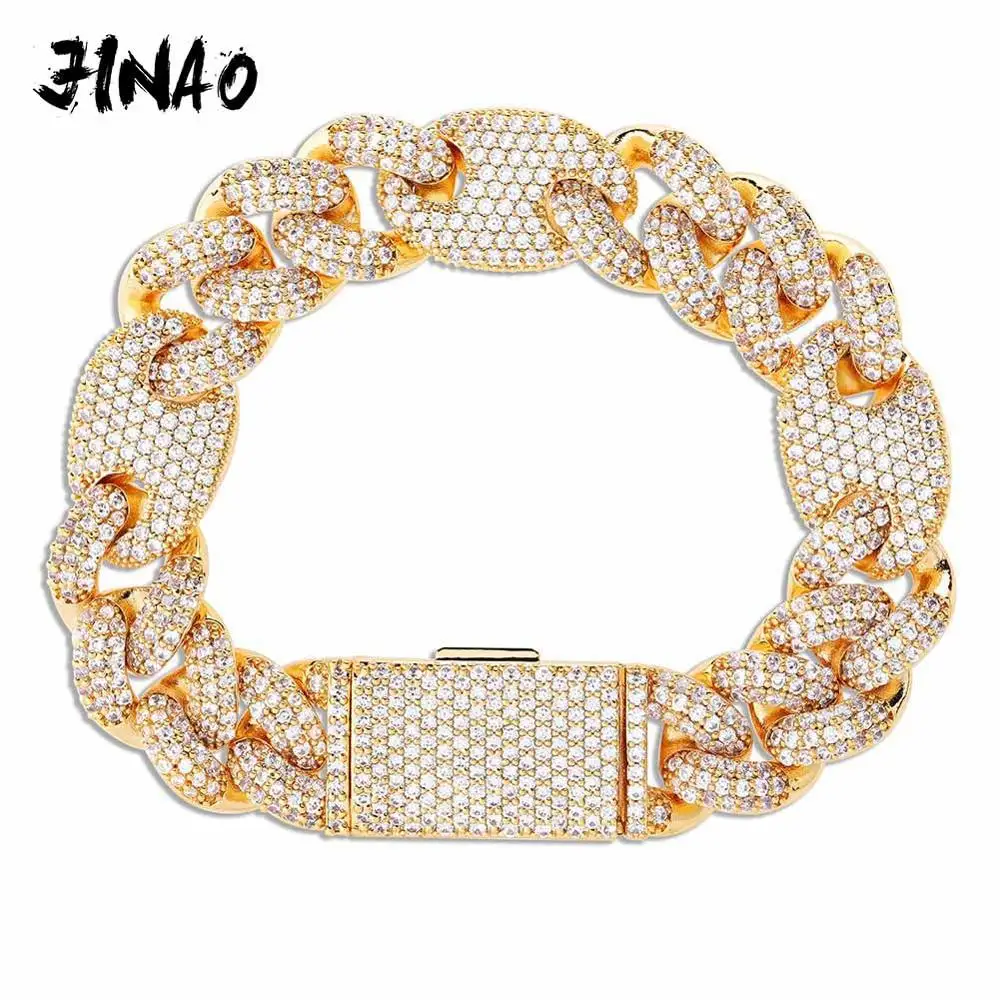 

JINAO NEW 16mm Miami Lock Clasp Cuban Link 7-9 Inch Bracelet Iced Out AAA Cubic Zircon Bling Hip hop Men Jewelry Gift