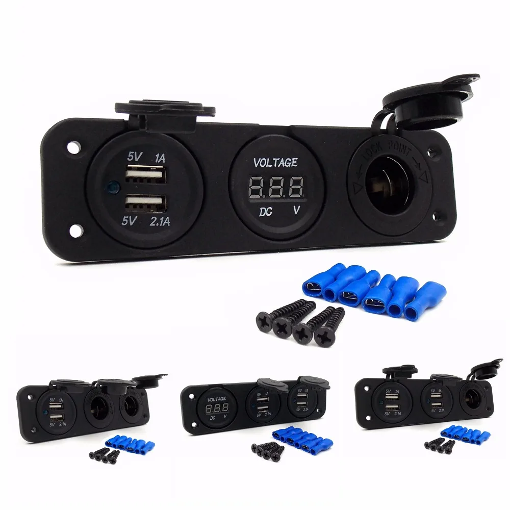 

12V DIY Module Panel Splitter Power Adapter Car 5V 2.1A Dual USB Adapter Charger + Cigarette Lighter Sockets + Digital Voltmeter