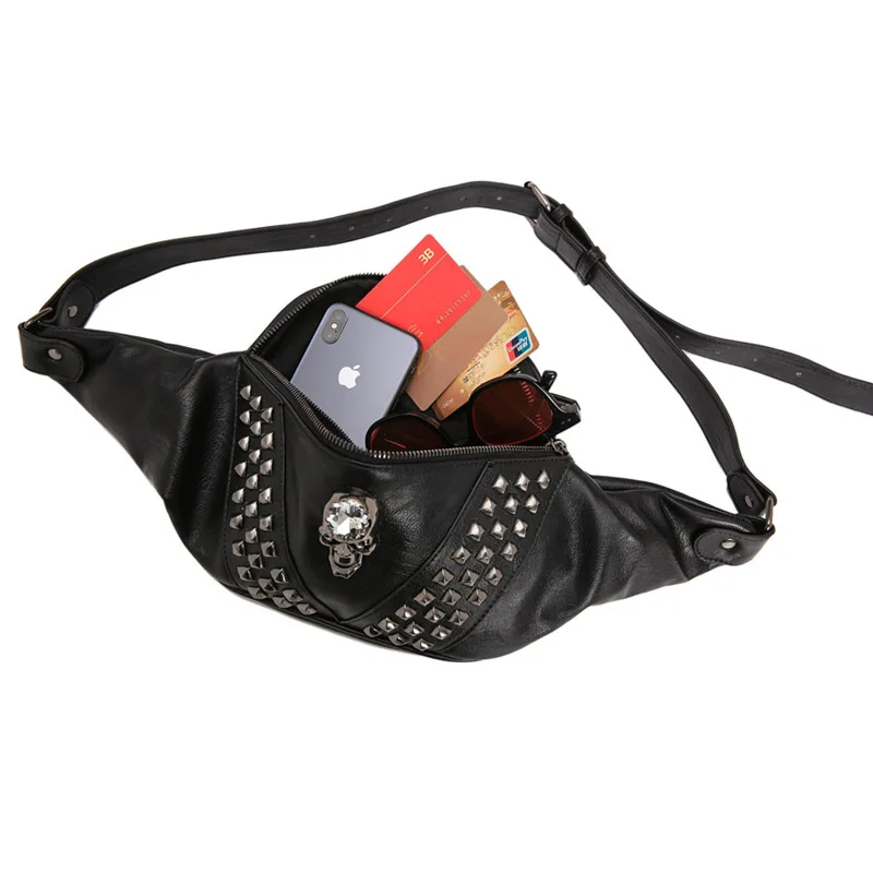 Annmouler Unisex Waist Bag Pu Leather Punk Travel Phone Belt Bag Women and Men Fanny Pack Shoulder Bag Skull Fashion Hip Bag