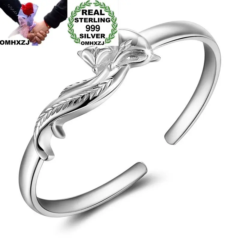 OMHXZJ Wholesale European Fashion Woman Girl Party Wedding Gift Fox Open S999 Sterling Silver Cuff Bangle BA51