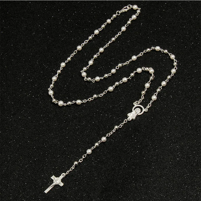 4mm Rosary Stainless Steel Beaded Cross Pendant Chain and Stainless Steel Rosary Jesus Cross Necklace and Pendant Religion