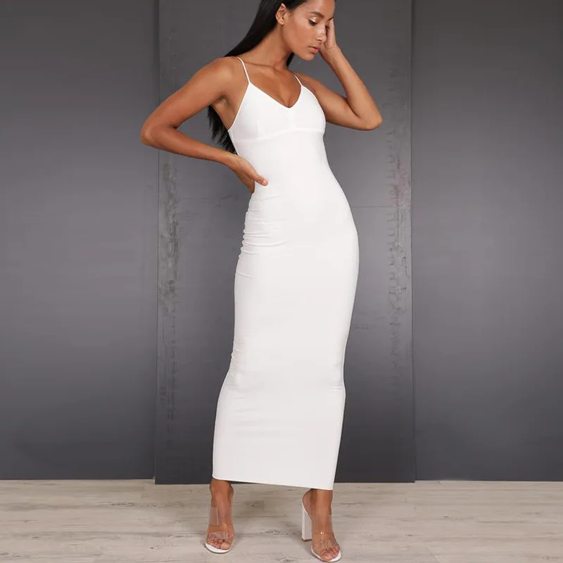 2019 New Sexy Mulheres Spaghetti Strap Vestido de Verão Camadas Duplas de Algodão V Pescoço Bodycon Vestido Longo Backless Praia Maxi Ocasional vestido