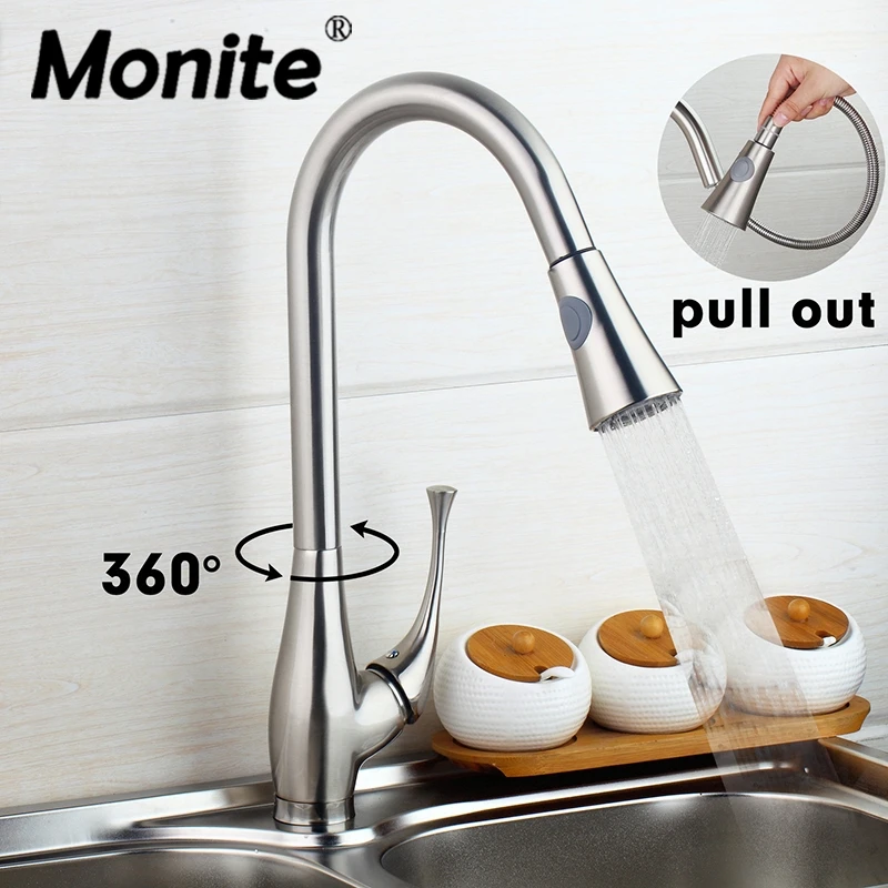 Monite Luxury Nickel Brushed Rotated Kitchen Basin Sink Mixer Tap Single Handle Pull Out Swivel Spout Kitchen Faucet Mixer Tap