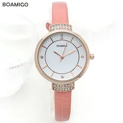 BOAMIGO Fashion Women Quartz Watches Leather Strap Luxury Brand Ladies Rhinestone Watches Women's White Wristwatches