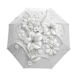 Full Automatic 3D Floral Guarda Chuva White Sun Protection Three Folding Umbrella Rain Women Anti UV Outdoor Travel Sombrinha