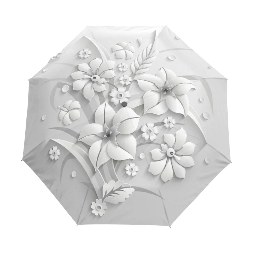 W pełni automatyczny 3D kwiatowy Guarda Chuva biała ochrona przed słońcem trzy składany parasol przeciwdeszczowy damski anty UV podróż na zewnątrz Sombrinha