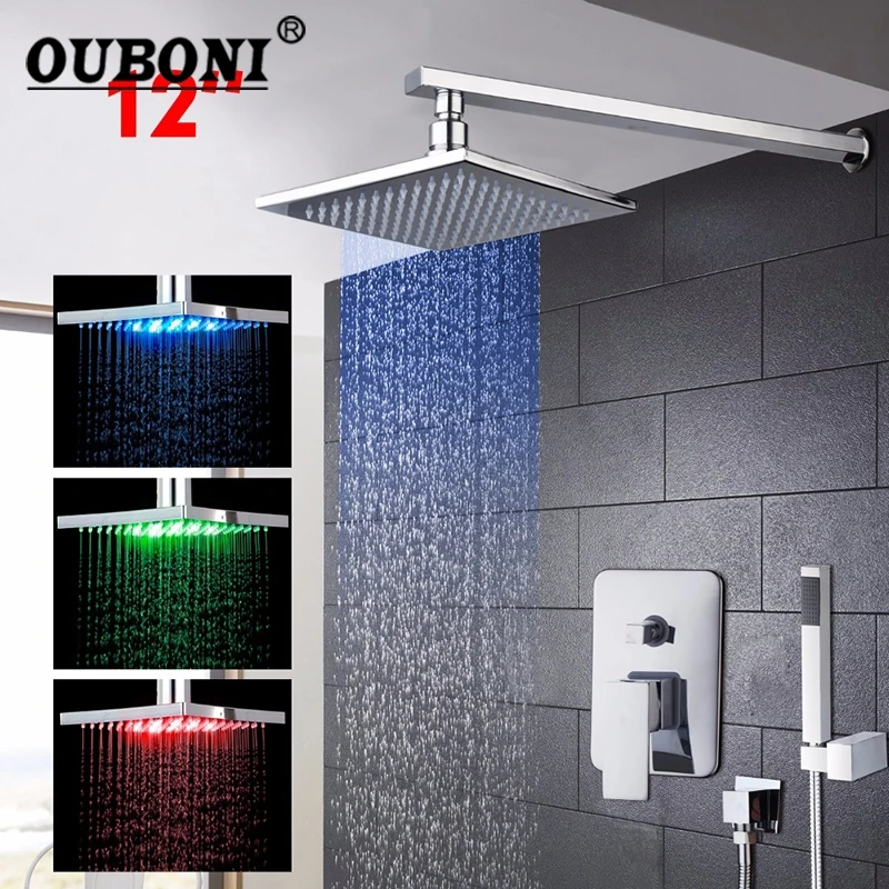 OUBONI LED 8 10 12 16 Inch Solid Brass Bathroom Bath Rainfall Shower Head With Hand Sprayer Set Shower Faucets Sets