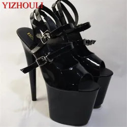 8 inches, sexy show strip club with high heels, black paint sandals with 20 cm heels