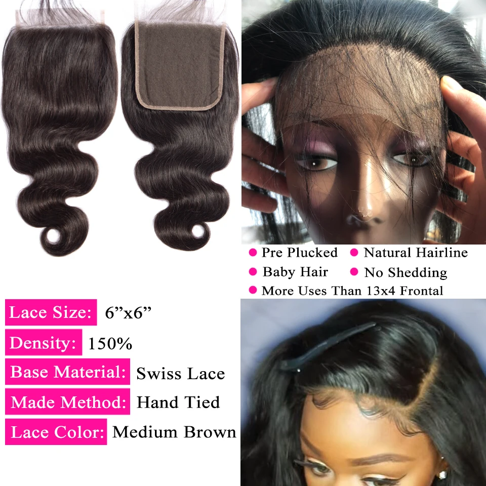 Queenlike Body Wave 6x6 Closure Pre Plucked With Baby Hair Natural Hairline Brazilian Remy Hair Big Lace Size Swiss Lace Closure