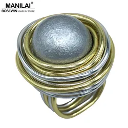 MANILAI Unique Handmade Simulated Pearl Rings For Women Fashion Jewelry Wire Spiral Acrylic Bead Vintage Finger Rings Big