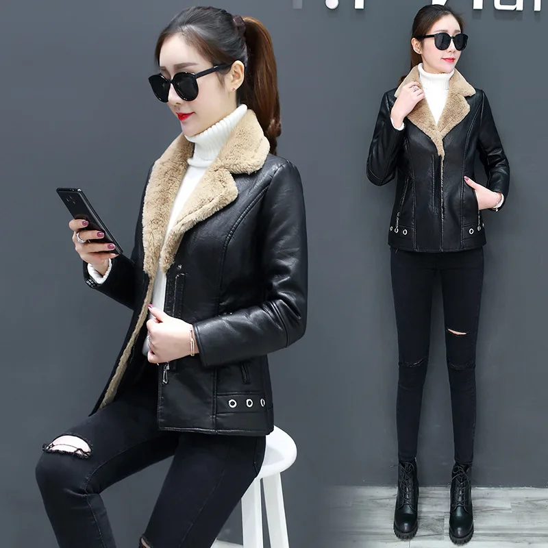 Women's Leather Jacket Turn Collar Thicken Plus Velvet Fur One Moto & Biker Female Jacket Women Winter Jacket Oversize