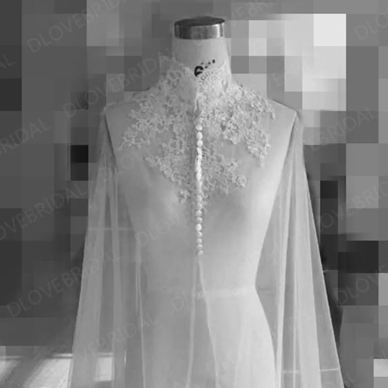 Romantic Lace High Neck Long Bridal Wrap Wedding Shoulder Veil Cloaks Factory Custom Make Mantle Bolero with Covered Buttons