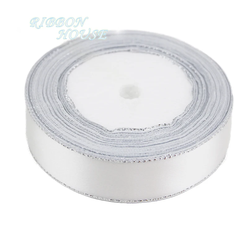 (25 yards/roll) 25mm satin ribbon white gold edge wholesale high quality gift packaging ribbon roll