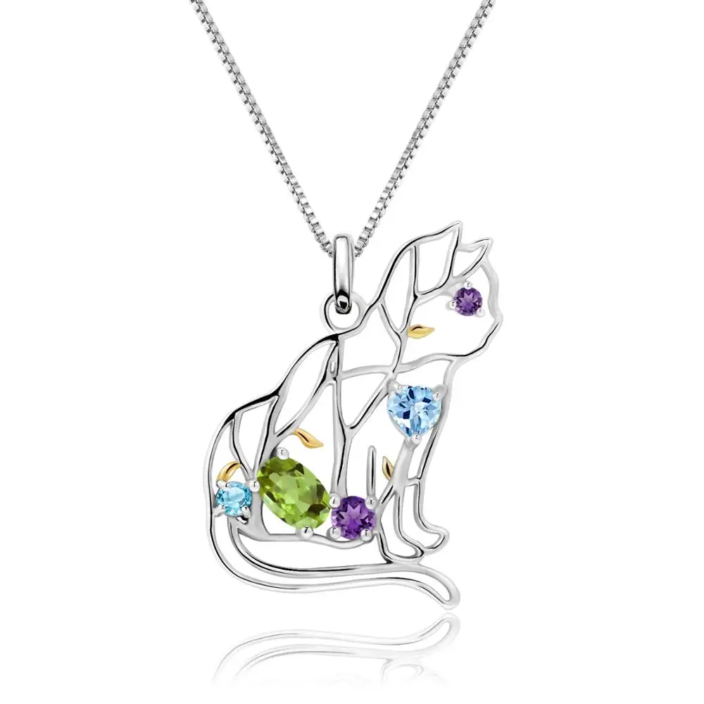 GEM'S BALLET 925 Sterling Silver Handmade Color Cat Pendant Necklace Natural Peridot Amethyst Topaz Gemstone For Women Jewelry