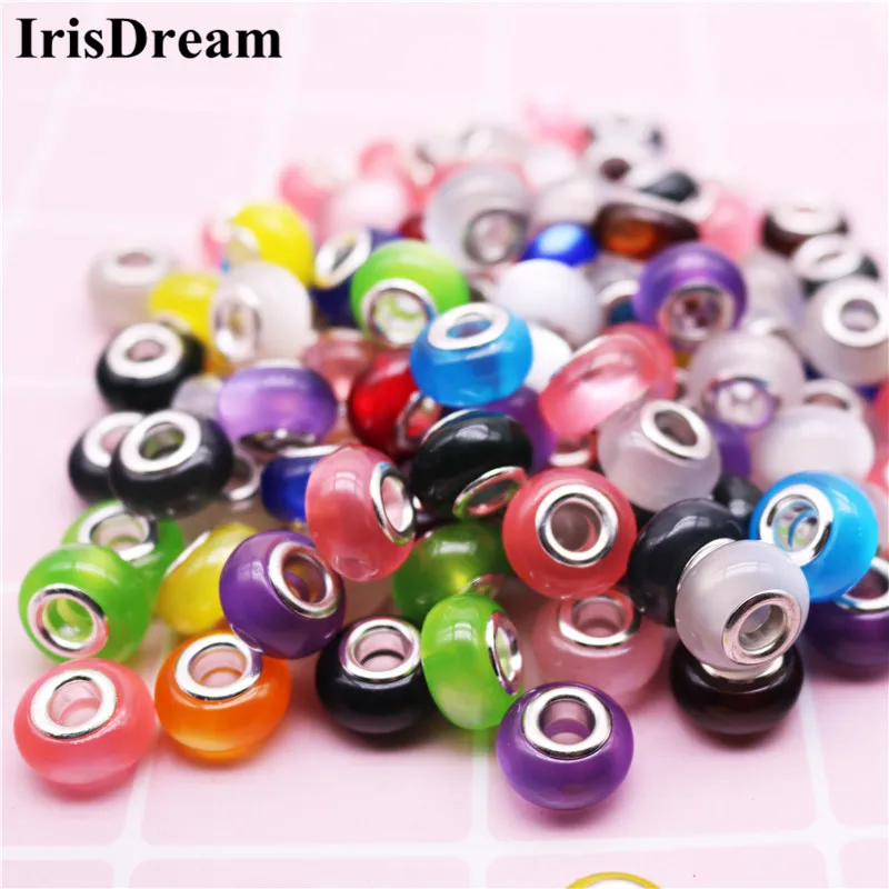 50PCS Opal Stone Cat Eye Resin Glass Crystal Murano Spacer Beads Charms Fit For Pandora Bracelet DIY Jewelry For Women Girls