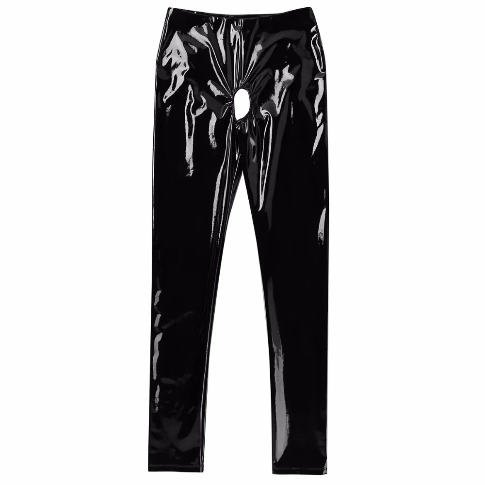 Sexy Womens Wetlook Patent Leather Latex Pants Sexy Open Crotch Butt Pencil Leggings Pants Clubwear Hot Skinny Stretchy Trousers