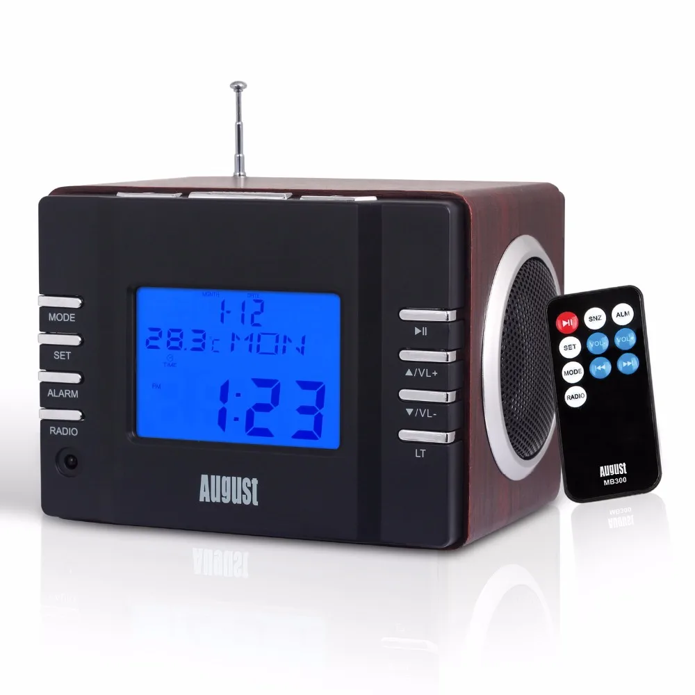 August MB300B Mini Wood FM Clock Radio Receiver and MP3 Stereo System with Card Reader /USB &AUX IN / 2 x 3w HiFi Loud Speakers