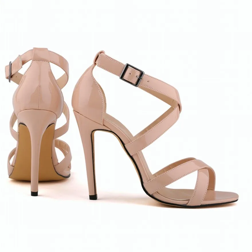 New Summer Women\'s Concise Solid Patent Leather Rome Sandals Open Toe High Heels Shoes Sexy Cross Buckle Party Sandals for Women