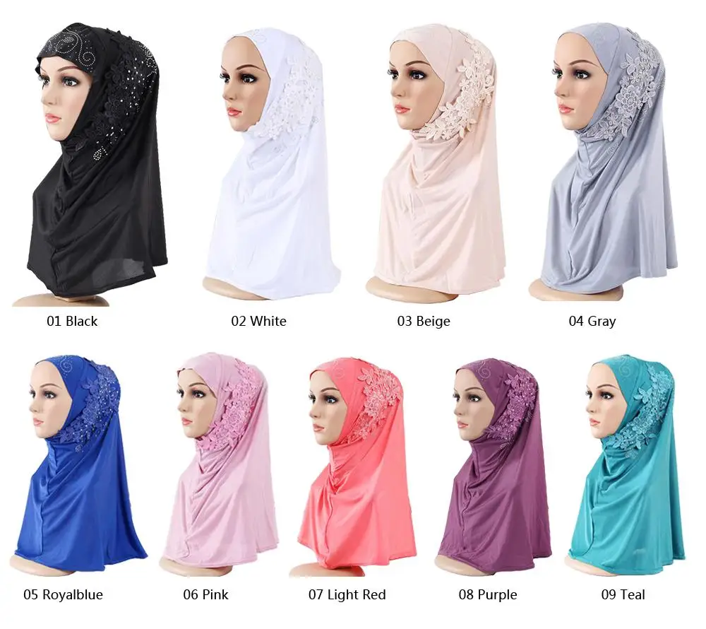 Diamonds Lace Hijab Muslim Women One Piece Amira Overhead Prayer Hijabs Instant Scarf Headscarf Shawls Wrap Pull On Ready Made