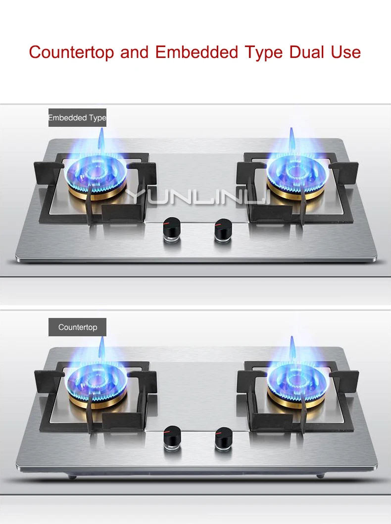 Household Gas Stove Built-in Cooktop Stove Gas Hob Embedded Dual Use Cooker Stainless Steel Double-burner Gas Furnace