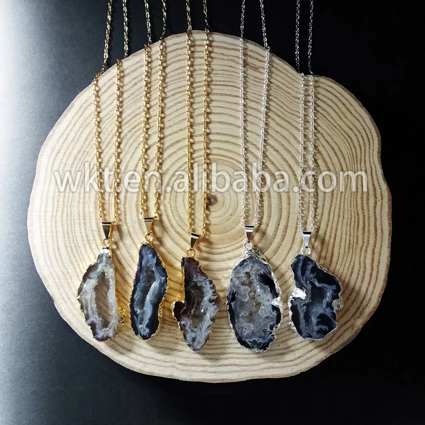 

WT-N140 Wholesale natural geode slice stone necklace fashion druzy geode black stone necklace