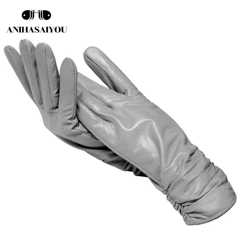 Light gray women leather gloves, sheepskin gloves female,best-selling women\'s winter mittens,Genuine Leather gloves women-2081