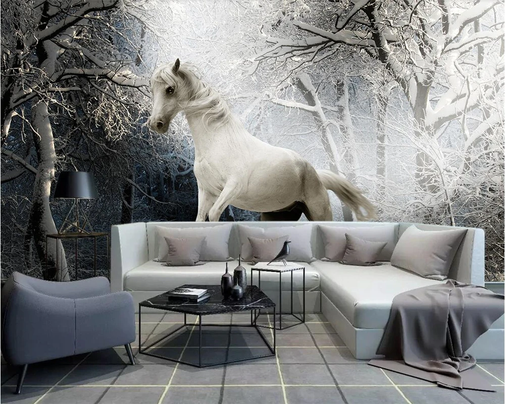 Beibehang Custom wallpaper home decor mural snow scene black and white art horse gallop TV sofa background walls 3d wallpaper