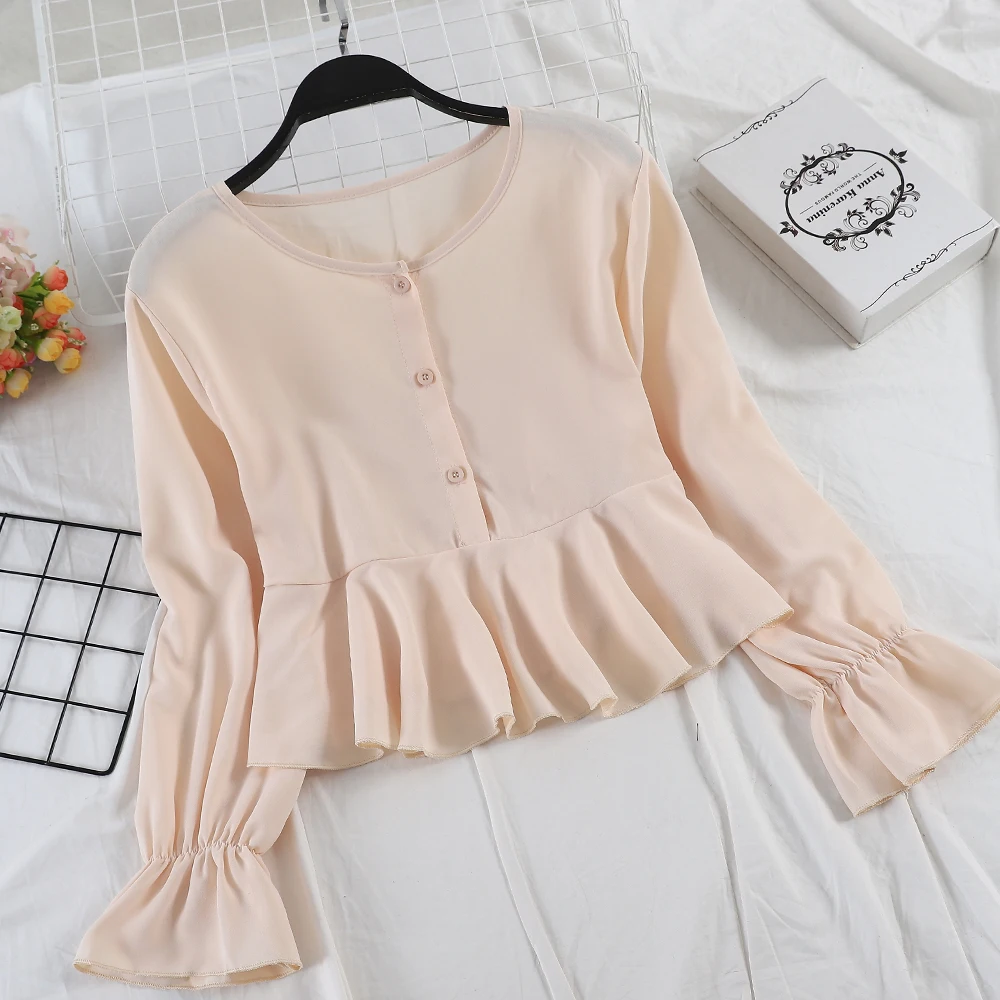 Women Summer Flare Sleeve O-Neck Pleated Ruffles Shirt Vintage Lady Short Slim Cardigan Button Chiffon Crop Pullover Blouse Tops