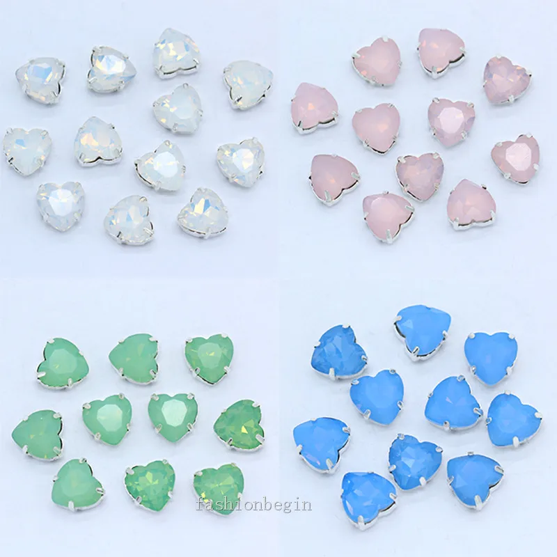 12p 8mm 10mm heart shape opal Flatback sew on Faceted glass crystal Diamante rhinestone jewels silver setting beads Dress Making