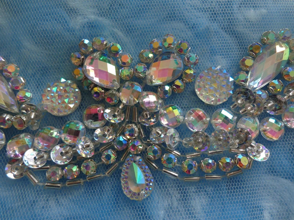 ZBROH Free shipping hand made  crystal patches  sew on clear AB colour Rhinestones applique  32*8cm for top dress belt