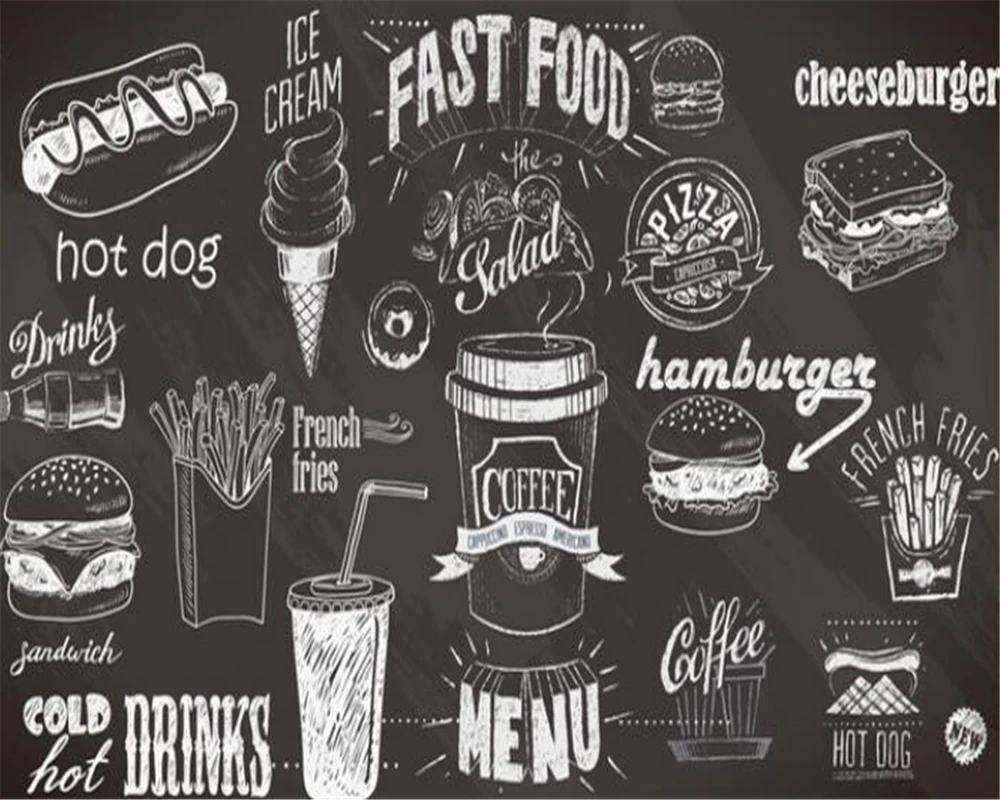 

Custom size wallpaper Hand-painted chalkboard Gourmet dessert fast food mural tooling Black chalk painting drink 3d wallpaper