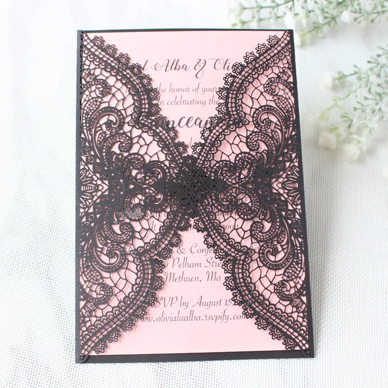 

Sexy black lace laser cut wedding invitations with pink insert cards personalized printing birthday prom party paper invites