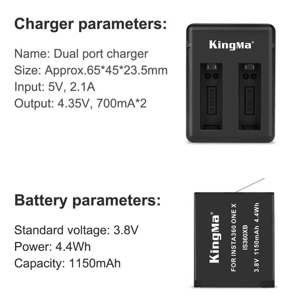 Original Kingma 1150mah 2pcs battery Rechargeable lithium batteries+Dual Charger For Insta 360 ONE X Insta360 X Camera Accessory